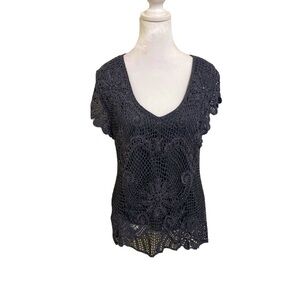 VTG Kroshetta By Papillon Crochet Knit top cap sleeve shimmer floral flapper s/m